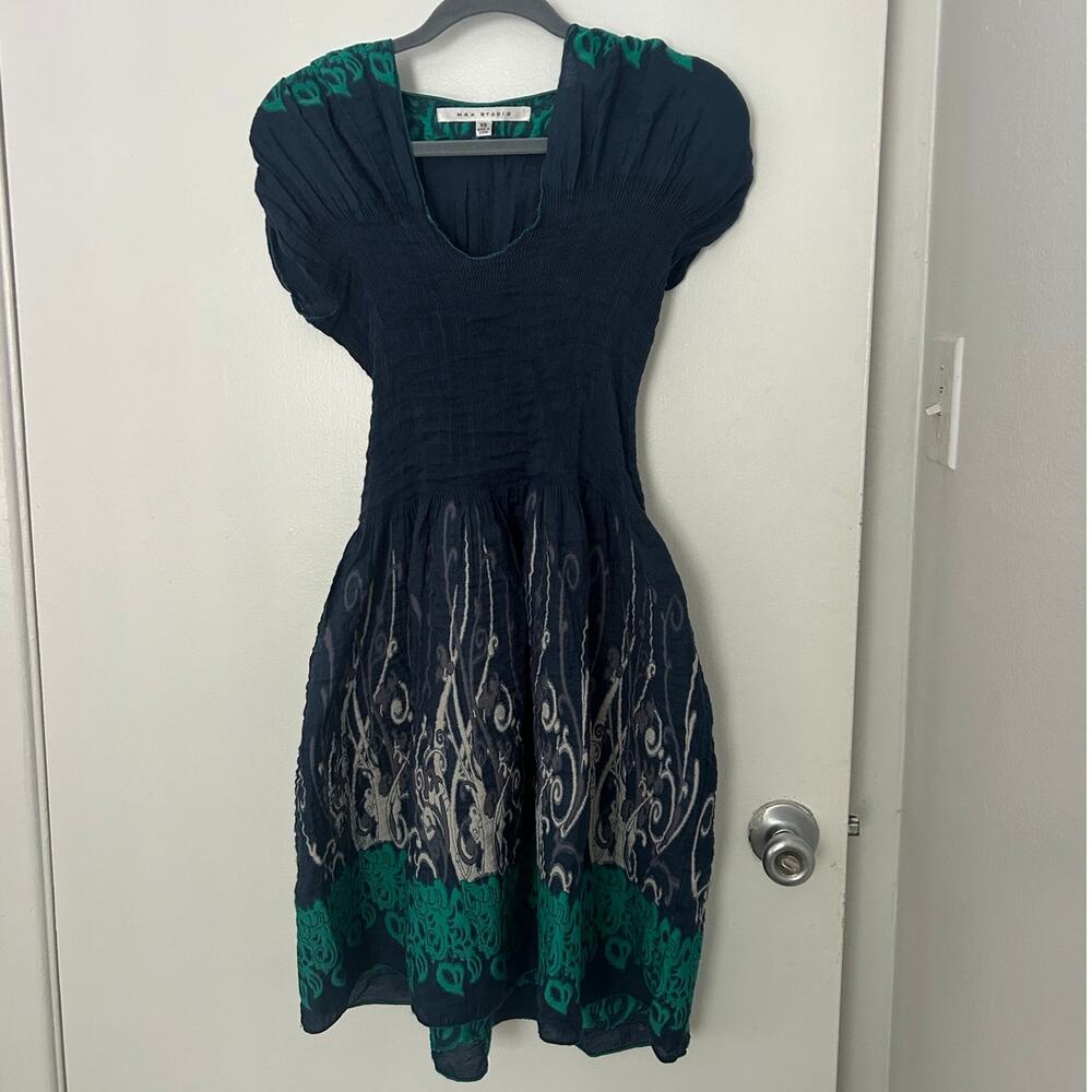 Vintage Y2K Max Studio Mermaid Smocked-Waist Bubble-Sleeve Dress